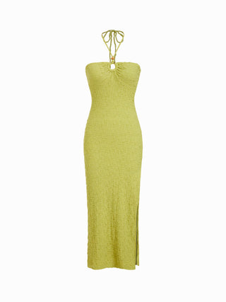 Textured Cotton-blend Halter Neckline Ruched Cut Out Bodycon Maxi Dress