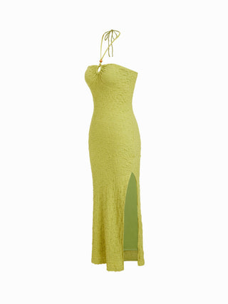 Textured Cotton-blend Halter Neckline Ruched Cut Out Bodycon Maxi Dress