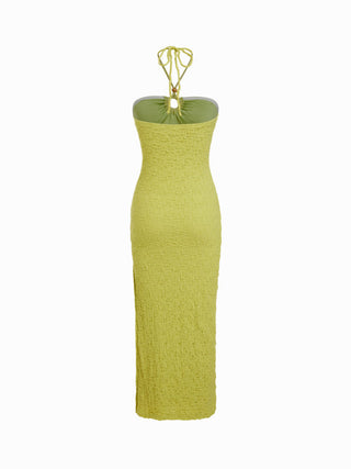 Textured Cotton-blend Halter Neckline Ruched Cut Out Bodycon Maxi Dress