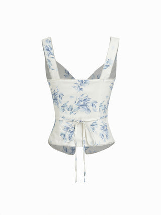 Linen-blend Floral V-neck Split Tie Back Tank Top