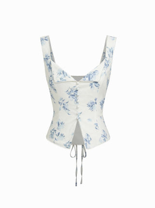 Linen-blend Floral V-neck Split Tie Back Tank Top