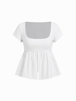 Cotton-blend Square Neck Short Sleeve Split Peplum Blouse