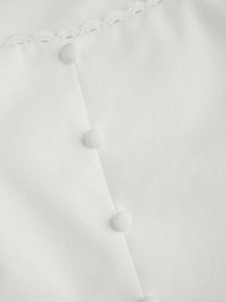 Linen-blend Scoop Neck Lace Trim Short Sleeve Blouse