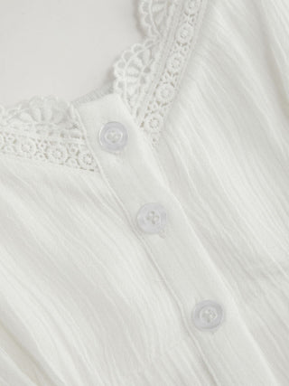 V-neck Lace Trim Button Front Textured Cami Blouse