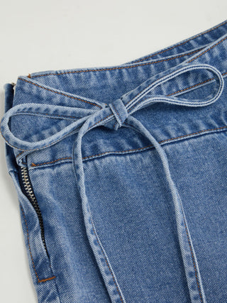 Denim Low Rise Washed Drawstring Wide Leg Jeans
