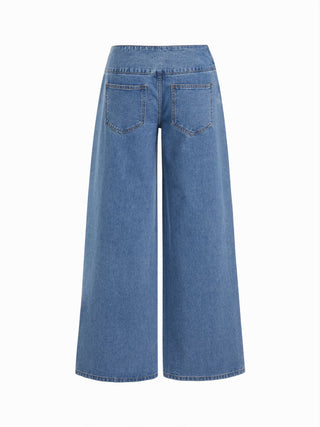 Denim Low Rise Washed Drawstring Wide Leg Jeans