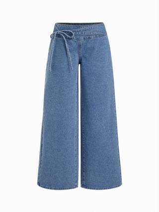 Denim Low Rise Washed Drawstring Wide Leg Jeans