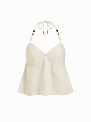 Denim Denim Halter Neckline Beaded Twist Knotted Oversized Cami Top For Vacation Beach