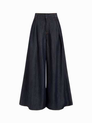 Denim Washed Denim High Rise Draped Wide Leg Jeans For Daily Casual Work