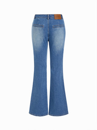 Denim Stretch Denim Mid Rise Scalloped Trim Metal Detail Flared Jeans For School Daily Casual