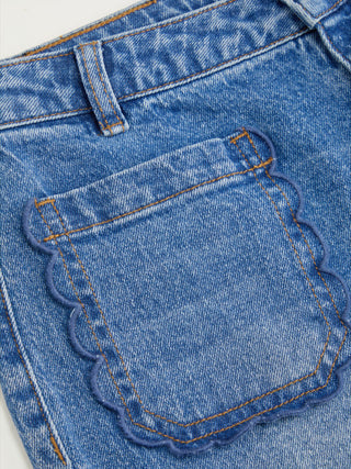 Denim Stretch Denim Mid Rise Scalloped Trim Metal Detail Flared Jeans For School Daily Casual