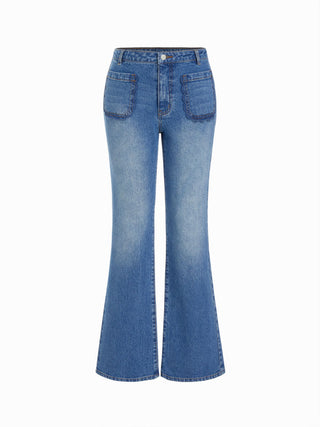 Denim Stretch Denim Mid Rise Scalloped Trim Metal Detail Flared Jeans For School Daily Casual