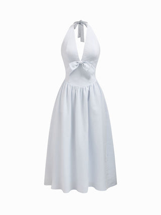 Cotton-blend Striped Halter Neck Bowknot A-line Maxi Dress