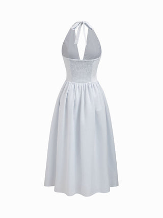 Cotton-blend Striped Halter Neck Bowknot A-line Maxi Dress