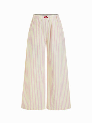 Woven Cotton-blend Striped Bowknot Cami Top & Mid Rise Wide Leg Loungewear Set For Home Bedroom