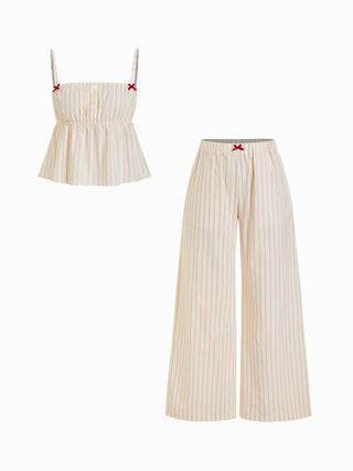 Woven Cotton-blend Striped Bowknot Cami Top & Mid Rise Wide Leg Loungewear Set For Home Bedroom