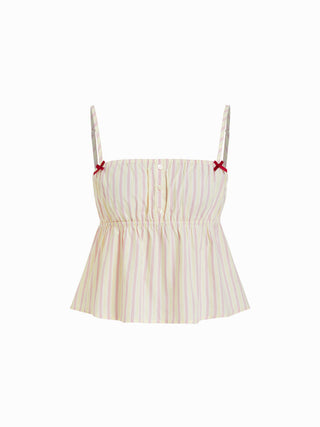 Woven Cotton-blend Striped Bowknot Cami Top & Mid Rise Wide Leg Loungewear Set For Home Bedroom