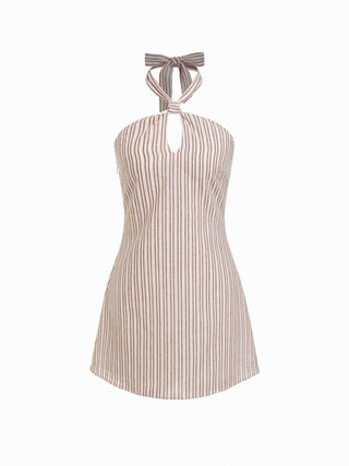 Linen-blend Stripe Halter Neckline Twist Knotted A-line Mini Dress