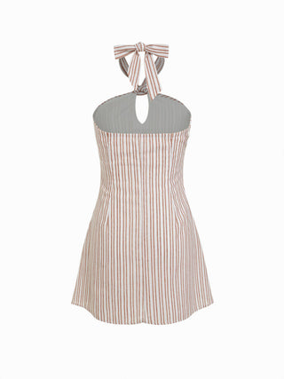Linen-blend Stripe Halter Neckline Twist Knotted A-line Mini Dress