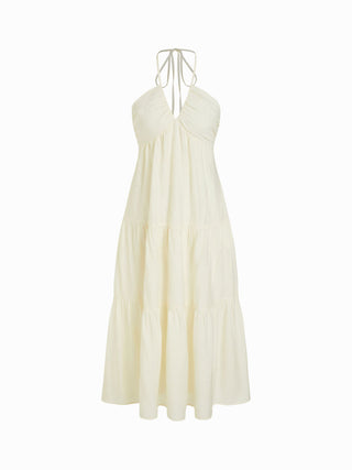 Halter Neckline Tie Back Draped Flared Maxi Dress