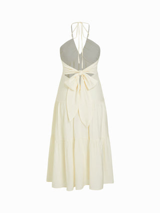 Halter Neckline Tie Back Draped Flared Maxi Dress