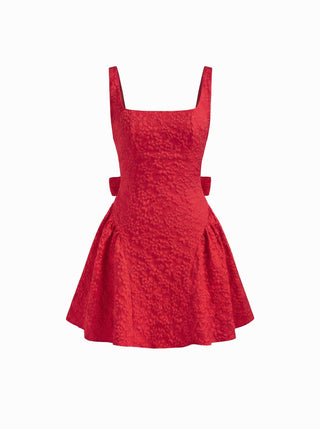 Jacquard U-neckline Floral Backless Bowknot Mini Dress
