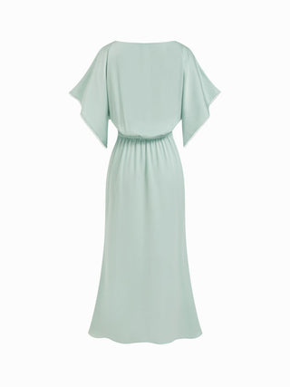 Satin Boat Neck Batwing Sleeve Lace Trim Maxi Dress