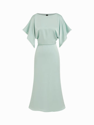 Satin Boat Neck Batwing Sleeve Lace Trim Maxi Dress