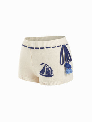 Knit Mid Rise Sailboat Graphic Embroidery Pom Pom Detail Micro Shorts