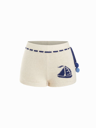 Knit Mid Rise Sailboat Graphic Embroidery Pom Pom Detail Micro Shorts