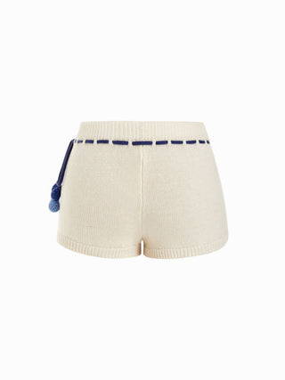 Knit Mid Rise Sailboat Graphic Embroidery Pom Pom Detail Micro Shorts