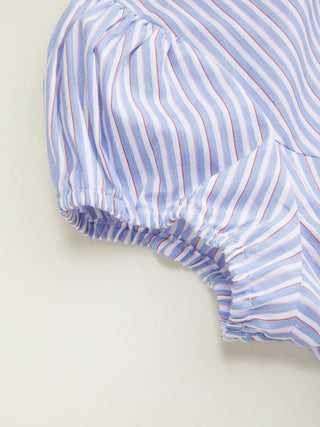 Cotton Striped Puff Sleeve Ruched Blouse