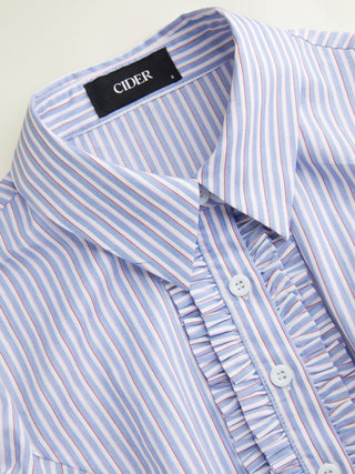 Cotton Striped Puff Sleeve Ruched Blouse