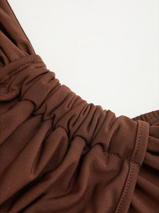 Asymmetrical Neck Ruched Top & High Rise Wide Leg Trousers Set