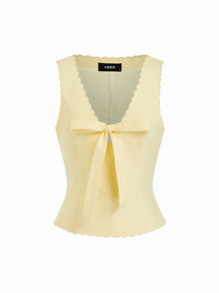Linen-blend V-neck Bowknot Scalloped Trim Tank Blouse