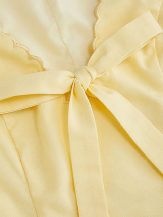 Linen-blend V-neck Bowknot Scalloped Trim Tank Blouse