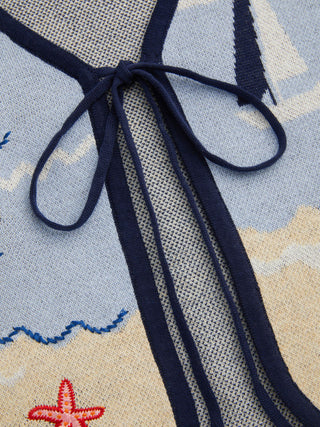 Knit Cotton-blend Beach Scenery Graphic Embroidery Tie Front Vest