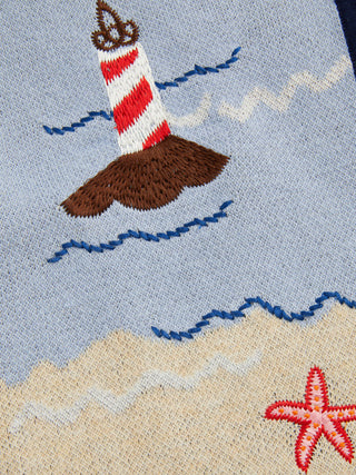 Knit Cotton-blend Beach Scenery Graphic Embroidery Tie Front Vest