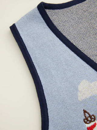 Knit Cotton-blend Beach Scenery Graphic Embroidery Tie Front Vest