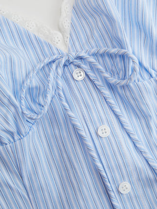 Cotton-blend Striped Halter Neckline Twist Knotted Lace Trim Bowknot Cami Blouse