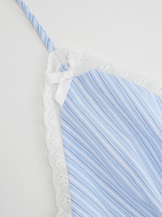 Cotton-blend Striped Halter Neckline Twist Knotted Lace Trim Bowknot Cami Blouse