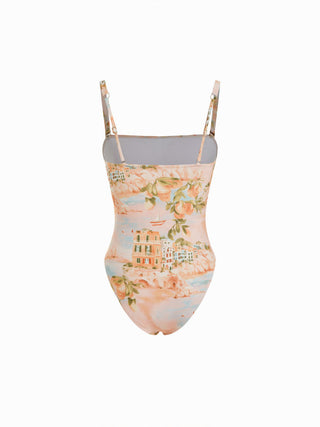 Knit Fabric Square Neck Fruit & Landscape Graphic One-piece Swimsuit For Vacation Beach