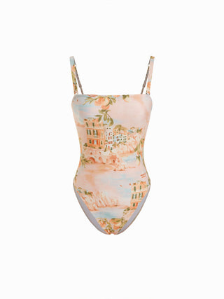 Knit Fabric Square Neck Fruit & Landscape Graphic One-piece Swimsuit For Vacation Beach