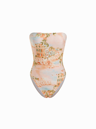 Knit Fabric Square Neck Fruit & Landscape Graphic One-piece Swimsuit For Vacation Beach
