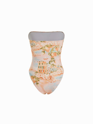 Knit Fabric Square Neck Fruit & Landscape Graphic One-piece Swimsuit For Vacation Beach