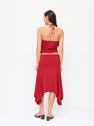 Halter Neck Top & Mid Rise Ruched Asymmetrical Midi Skirt Set