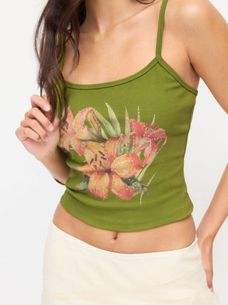 Cotton-blend Floral Rhinestone Cami Top