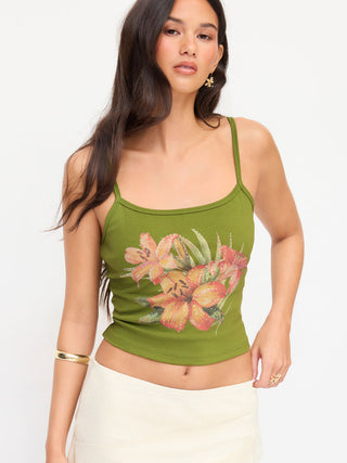 Cotton-blend Floral Rhinestone Cami Top
