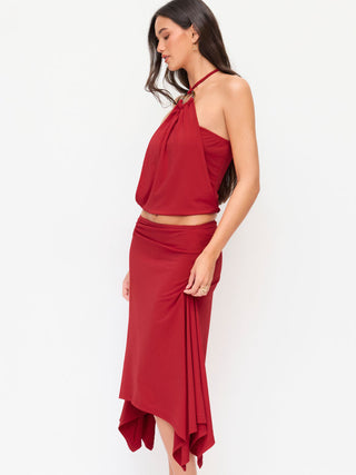 Halter Neck Top & Mid Rise Ruched Asymmetrical Midi Skirt Set