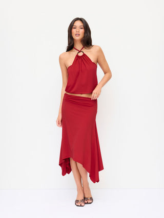 Halter Neck Top & Mid Rise Ruched Asymmetrical Midi Skirt Set